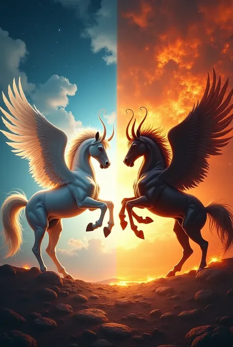  The background is divided in two {x} with sparkling wings and a celestial aura {x} as if They were preparing for a mythical alliance or duel {x} A majestic Pegasus and a three-headed Cerberus face each other in an epic mythological scene.  The pegasus is ...