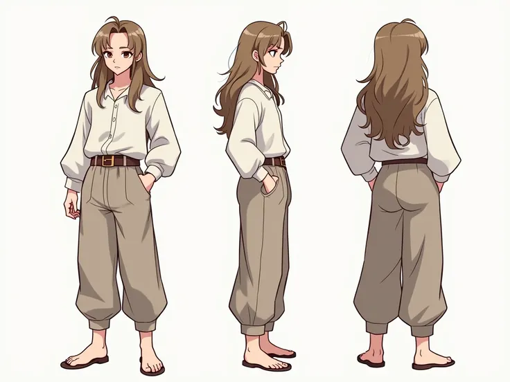 character reference sheet, 1 boy, 20years old, game character, sheetshirt, fantasy pants, complete full body, character design sheet, 1 front perspective view, 1 front view and 1 back view only, long hair, light brown hait, sketch, flat color, anime style ...