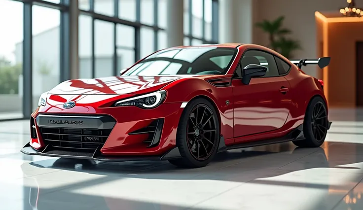 Close Side view of painted Red with shiny clour 2025 Subaru BRZ sleek in large shape sedan in large size with BRZ logo on its large detailed grille in shiny white clour with angular sporty design captured from close Side view with modified sleek Led Lights...