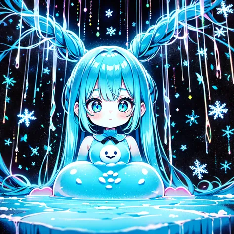 1girl,Chibi、cute、白色のcuteコート、 snowman、 Snowflakes 、 fantasy、 absurd、 neon lights enhance cuteness、世界一cute絵、