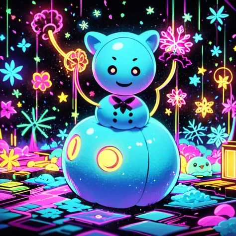 1girl,Chibi、cute、白色のcuteコート、 snowman、 Snowflakes 、 fantasy、 absurd、 neon lights enhance cuteness、世界一cute絵、