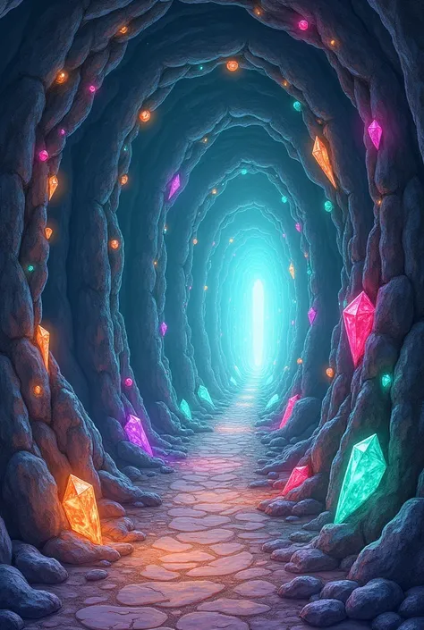 Fairytale drawing of a passageway cave with precious stones on the walls