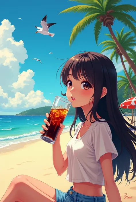 Girl drinking cola on the beach, 80s style, Japan anime style