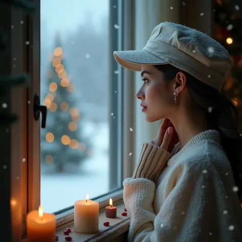 silk hat silhouette, Christmas,tree,window,indoor,window,snow scene, Close, closeup ,(( candles),snow,((snow crystal)), shy,A small smile, open your mouth, is a woman who seems to be strong ,(Touch the hair 1:4),masterpiece,best quality,ultra detailed,hype...