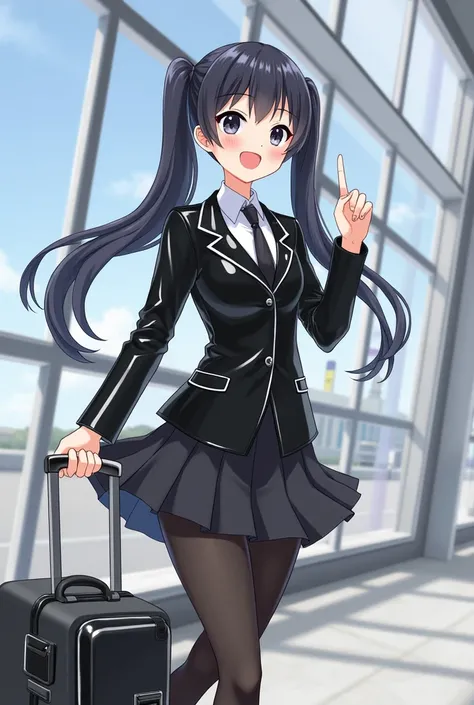   Japanese、 black hair、 Twin Tails 、smile、 big eyes、shiny black leather suit、 white shirt、 ties、 black skirt、 black tights 、shiny black high cut sneakers、I have a small trunk、airport、Electronic bulletin board、3d