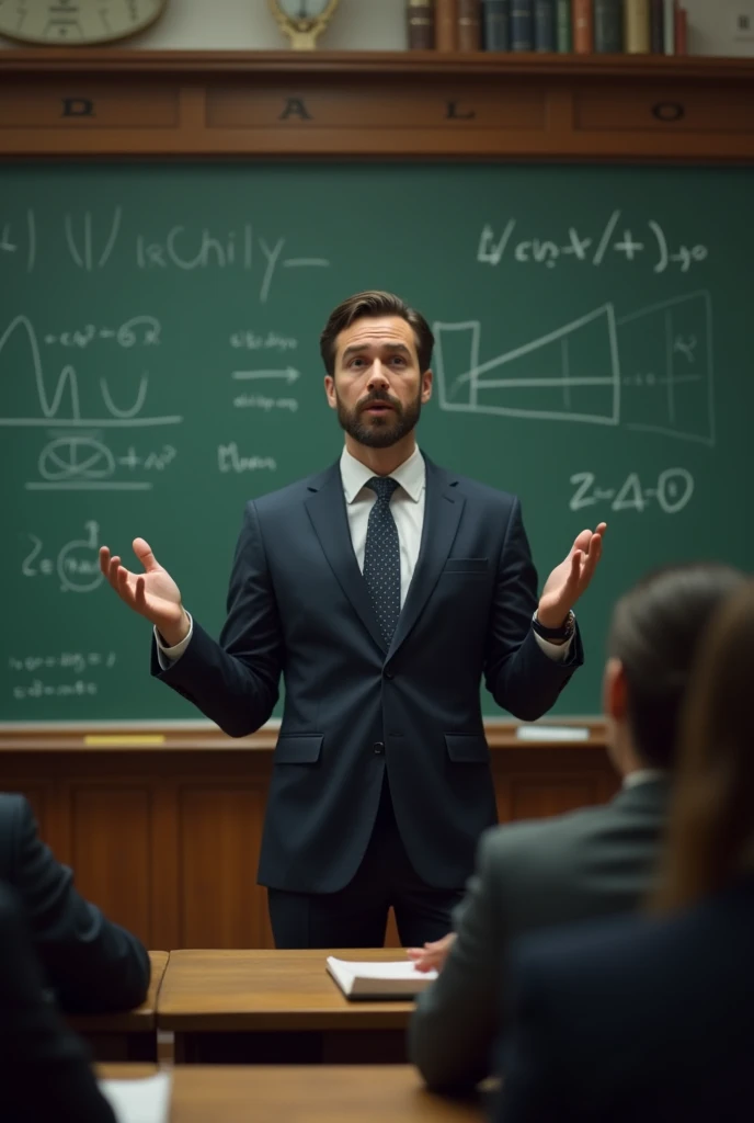 He is speaking at the blackboard