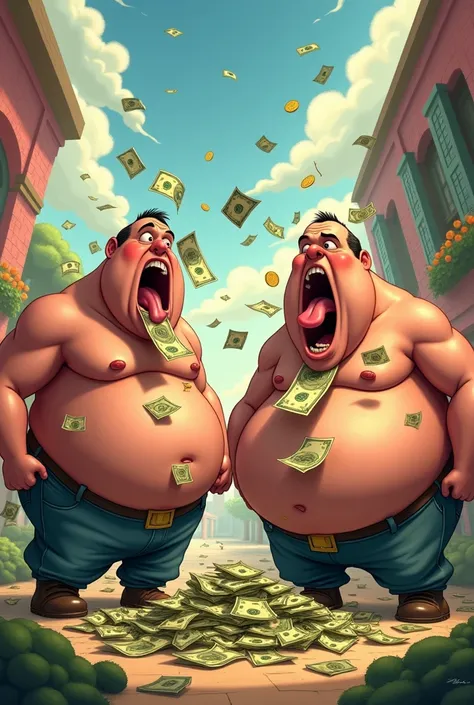 Make two fat men eat money in Disney cartoon style 