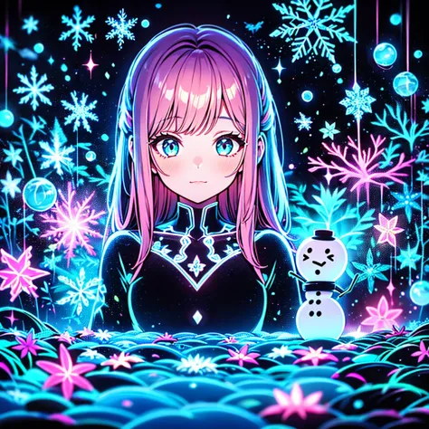 1girl,Chibi、cute、白色のcuteコート、 snowman、 Snowflakes 、 fantasy、 absurd、 neon lights enhance cuteness、世界一cute絵、