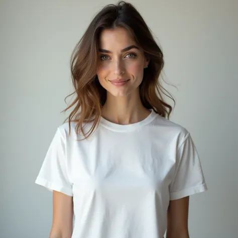 Professional black and white, high contrast, desaturated photograph of an oversized white t-shirt mockup against a plain background, with a with a photo of a woman with brown hair in the center of the shirt, lit with harsh, intense light and textured with ...