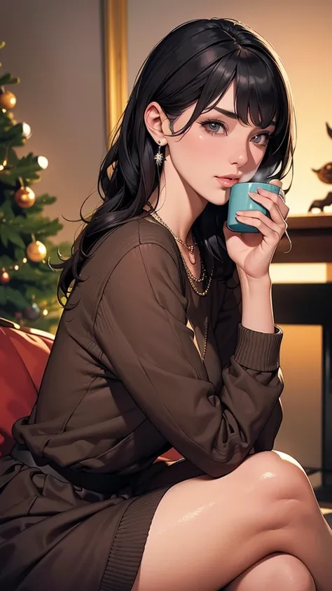 Solo, a bewitching female, sitting on, (holding a coffee mug, steam , perfect fingers, perfect anatomy), faint smile, soft, delicate, looking at viewer, upper body closeup,( extremely detailed illustration, perfect rendering, from side, RAW photo, incredib...