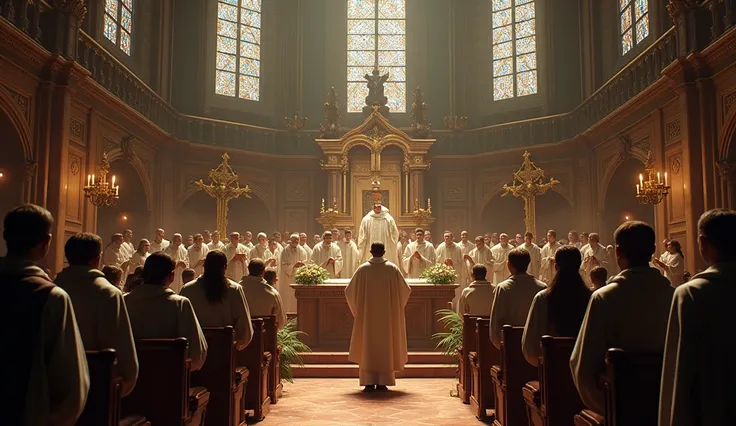 A real picture of devoted christians performing Christmas rituals in church , performing rituals nearby priests stage 