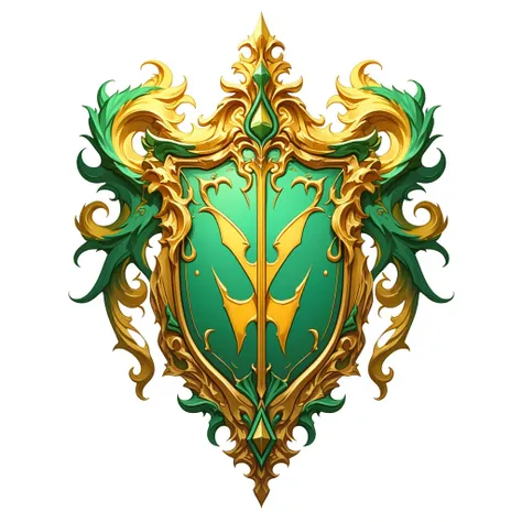 Guild crest, green and yellow ornament and an archer bow in middle, royal, unique, white background