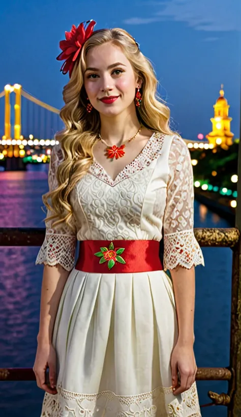  A young woman with long wavy blonde hair wears a red ribbon ornament ,  wears a brightly colored traditional outfit with a red flower embroidery motif on the top , White lace , and a plain red skirt with a bright red band at the waist .  wears a small nec...