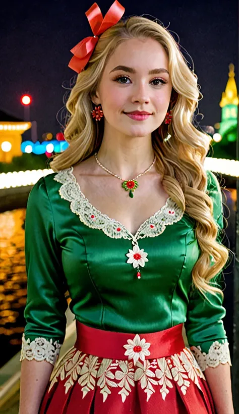  A young woman with long wavy blonde hair wears a red ribbon ornament ,  wears a brightly colored traditional outfit with a red flower embroidery motif on the top , White lace , and a plain red skirt with a bright red band at the waist .  wears a small nec...