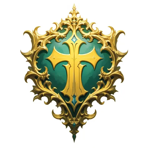 Guild crest, green and yellow ornament and an archer bow in middle, royal, unique, white background