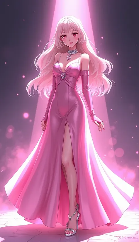  anime girl .  flashlight,  Head to Toe . 27 years old.  Long pink silky shiny dress  .  Pink elbow-length gloves .  Pink sparkly open-toed heel shoes .  Pink lips and long pink nails .  Big chest and ass , choose from a dress .  thin waist.  Pink and whit...