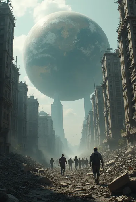 A destroyed and abandoned city. Planet Earth collides in it and people flee