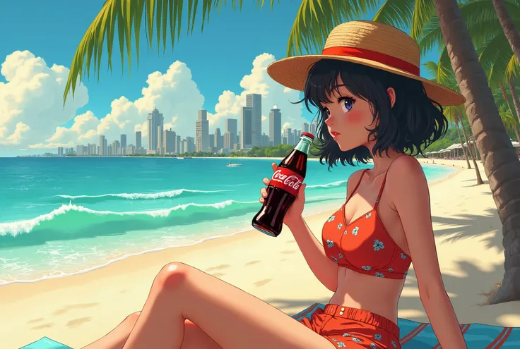  girl drinking Coca Cola on the beach, 80s anime style , Retro, City Pop