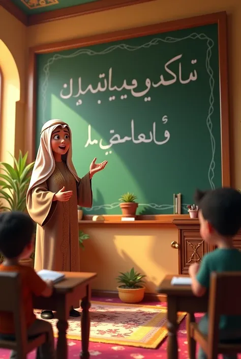 Djsney animation pixer style, arabic teacher is speaking at the blackboard