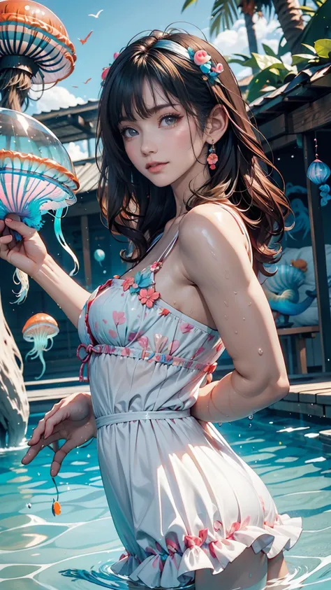  cute girl、Yeah, flat chested,Cute,(Jellyfish Girl:1.2),  turn your arm backwards,In the water,ruffle dress,