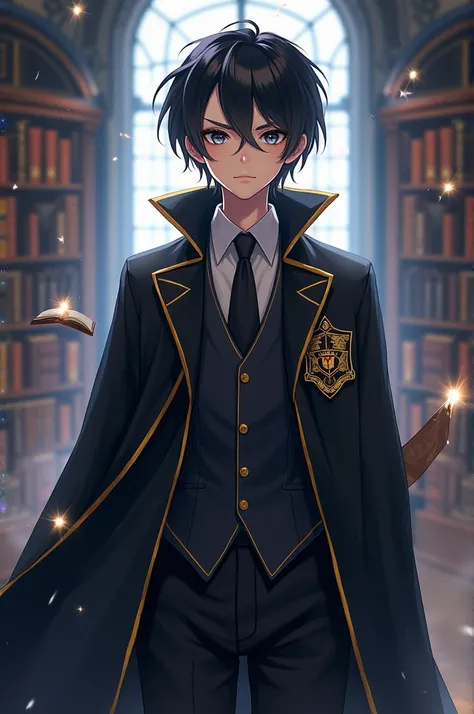 a young man wearing a school uniform from a magical academy. He has fair skin, slightly short black hair, and black eyes. He is dressed in a black cloak with golden trims and an emblem representing a magical school. He also wears a vest and a tie in matchi...