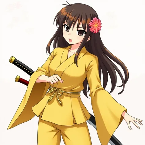 skin color:  light yellow 
Color two eyes :  black and white 
Hair :  long 
Hair color :  brown with orange tips ,  and a pink flower on the head 
Roupa: a yellow jumpsuit 
Shy and cold weapon : Katana
Personality :  
Skills : strength 