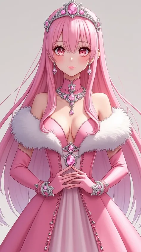  Anime girl 2D . 20 years.  Full length from head to toe .  Big chest and ass .  wide hips. Squeezed waist .  pink long hair. Princess.  Large silk silk pink off-shoulder dress.  Open chest .  Pink hand-to-shoulder gloves .  White pink gemstone earrings . ...