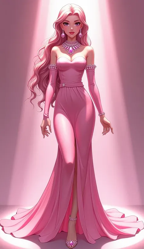  anime girl 2D.  flashlight,  Head to Toe . 27 years old.  Long pink silky shiny dress  .  Pink elbow-length gloves .  Pink sparkly open-toed heel shoes .  Pink lips and long pink nails .  Big chest and ass , choose from a dress .  thin waist.  Pink and wh...