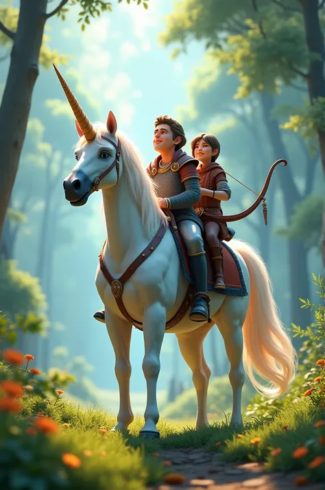 In cinematic 3d cartoon style " unicorn and there different riders watching left right 