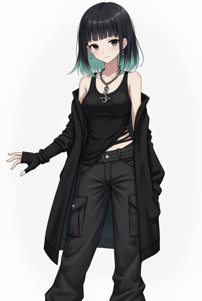 Girl, black hair, some strands of mint-colored black hair, the lower part is loose and hangs over the shoulders to the waist, cascade hairstyle waist-length, black eyes, a pendant in the form of a ring on a chain hangs around her neck, on the left hand a b...