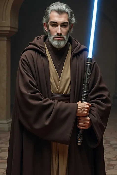 Make this man a Jedi wearing dark-brown robes with his lightsaber on the belt