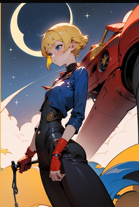 (masterpiece), ( top quality), ( best detail), (Vision), (Postage stamps),(The main color of the illustration: Bright saturated red), (Secondary Color: Lapis Lazuli), A red cafe racer bike driven by a petite, blue-eyed, and slender woman with blond hair in...