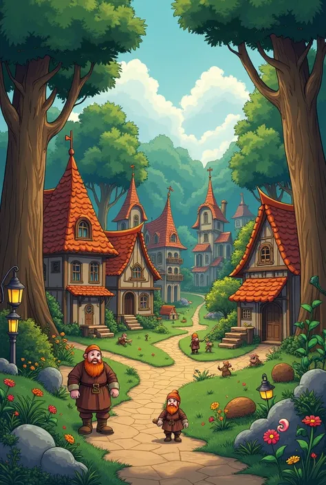 Fairytale drawing of a dwarf village 