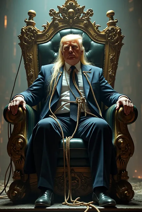  rotting  donald trump lord of mankind/warhammer 40k universe (good aura, charismatic,authoritative), Straight blonde long hair, sitting on a grand mechanical metal cyber futuristic, intricate life support gear covering his body, many cables snaking all ov...