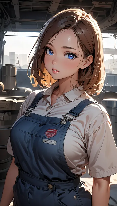 Girl wearing overalls、 female mechanic 、 beautifully detailed eyes、Beautiful, fine lips 、 extremely detailed eyes and face 、 has long eyelashes、 One Girl 、 anime style :1.2、 beautiful illustration 、8k、 High Quality 、 highly detailed digital art 、masterpiec...