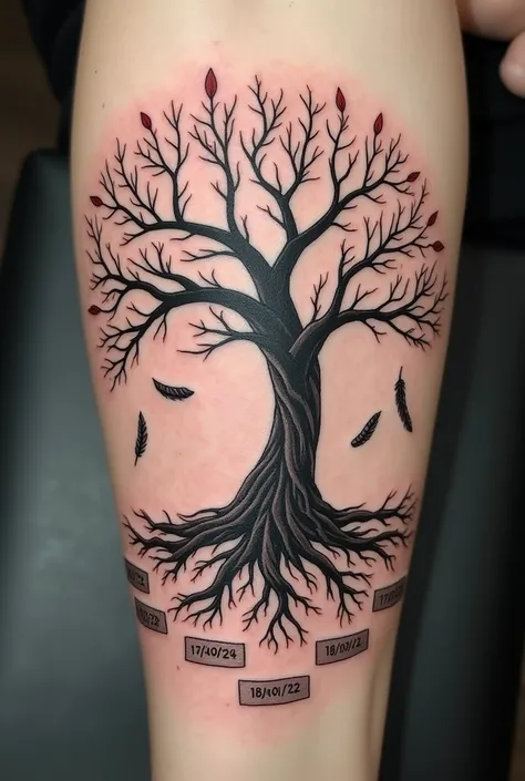  Tree of life tattoo with a trunk split in two .
 the branches have a few leaves .
 Five sheets are placed on the ground.
The dates are engraved   (17/03/24, 27/11/22, 18/02/22, 11/07/2019) fell to the ground  .
 Five feathers soar to the sky .
Six gouttes...