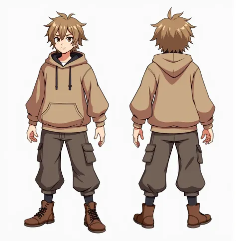 character reference sheet, 1 boy, 20years old, game character, hoodie, fantasy pants, complete full body, (character design sheet,The same character is full-body,Street,side,Back), long hair, light brown hair, sketch, flat color, anime style character, tur...