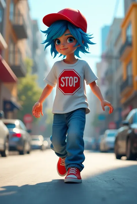 POV of blue hair  with red hat backwards and a white shirt with a stop sign With blue baggy pants and red shoes going up to you