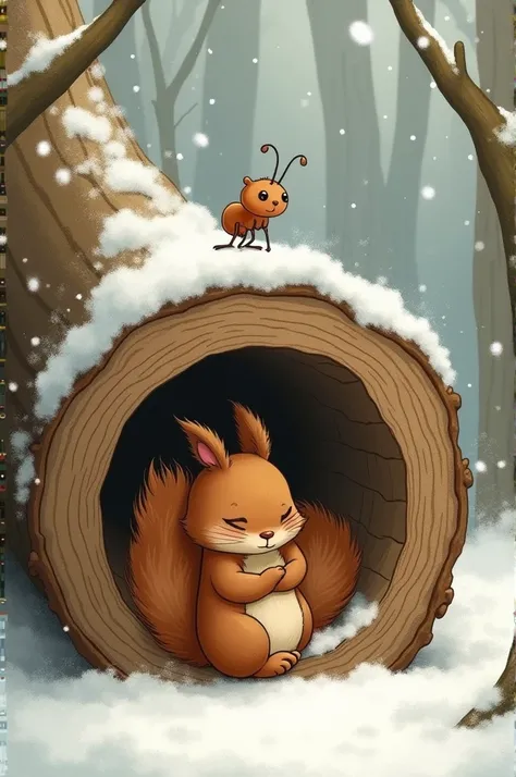 a drawing, as if it were a story  ,  of a brown squirrel inside a trunk .  The trunk is lying on the ground of a snowy forest and has a hole in the tip. Inside the hole ,  next to the squirrel ,  there is a friendly little ant .