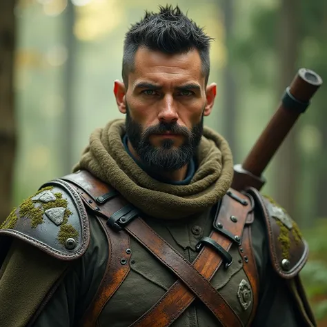 "A modern warrior inspired by a man with short dark hair, a neatly trimmed beard, and striking green eyes. His features are strong and calm, with a confident gaze and a subtle smirk that conveys both humility and strength. He wears a rugged, earth-toned ou...