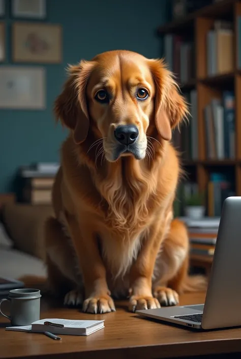 I need golden retriever breed dog  wearing in extreme level of stress anxiety
Sitting on study desk with laptop