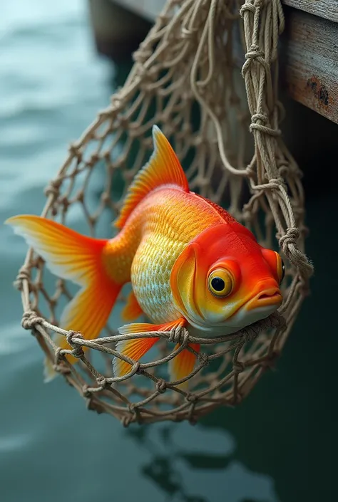 Goldfish caught in an old fishermans net saying let her go 