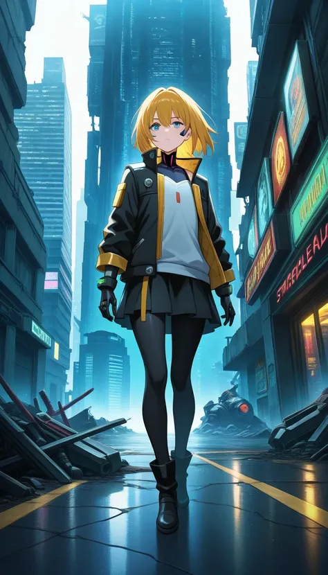  1 girl,place (Collapse:  STAR RAIL),  black skirt, flat chested, Michael Jackson, black jacket, building,  cyberpunk,  knight ,  closed mouth, has ,