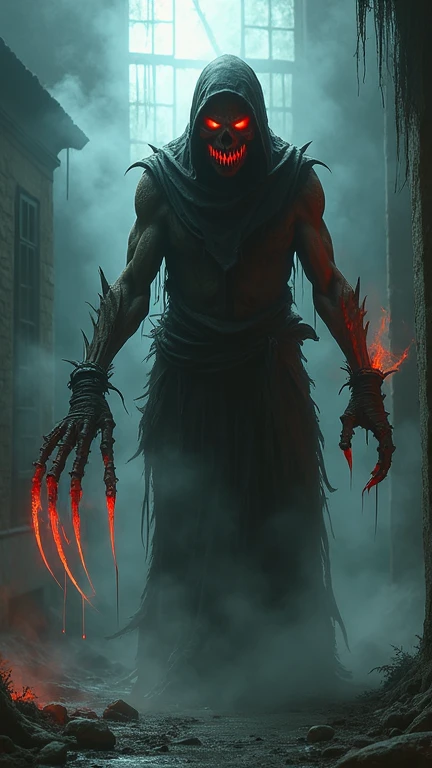 A terrifying ghostly figure haunting a dreamlike, surreal setting, with jagged shadows and ominous glowing mist. The ghost has a burnt, disfigured appearance and wears tattered, dark clothing. Its weaponized hands are twisted and elongated, with sharp meta...