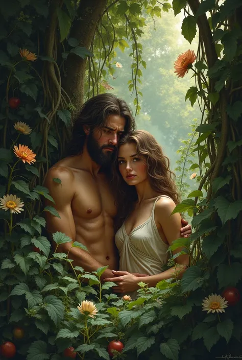 Adam and Eve hiding among the trees