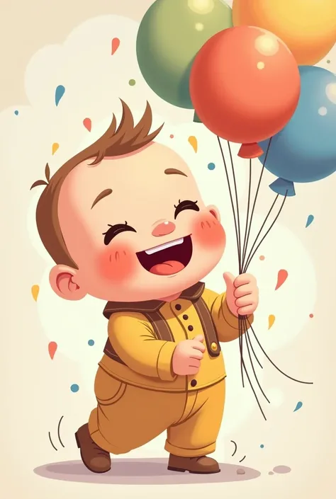 fatty meat cute, baby boy, 2D drawing, cute, smile, happy birthday, hand holding bunch of balloons