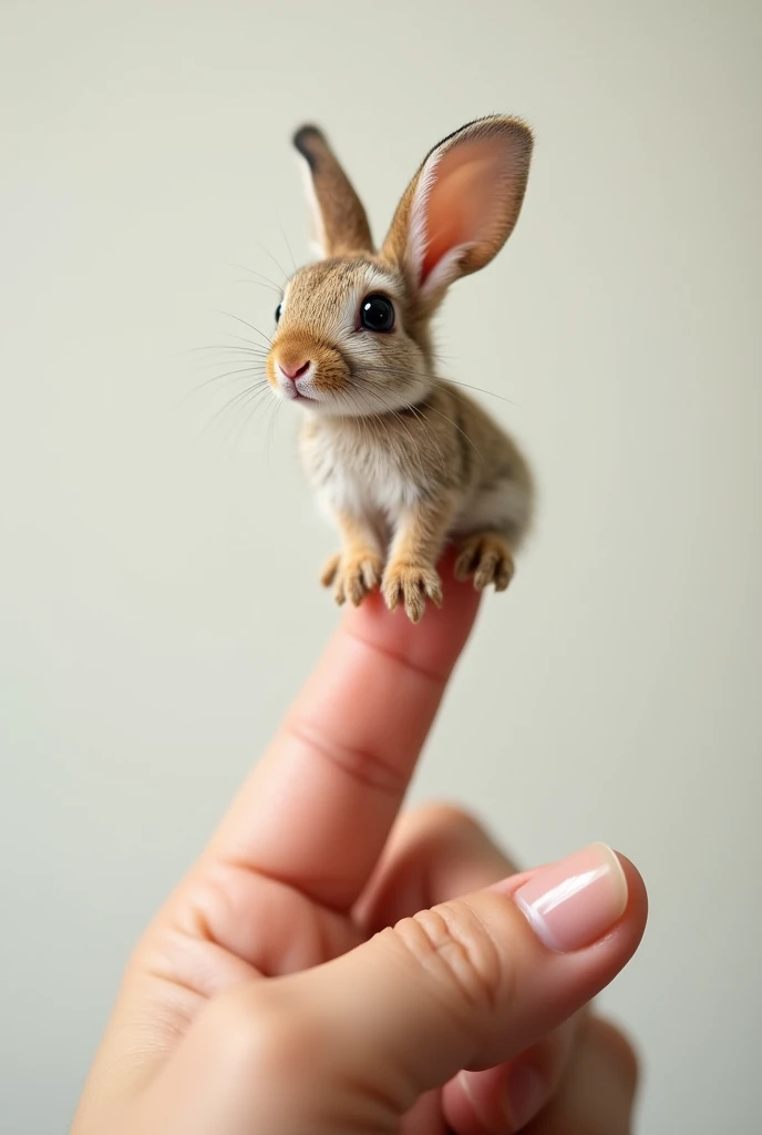 A baby rabbit sits at the tip of the finger
,  sweet and charming ,  with big eyes . The photo was taken by a professional photographer, super detailed and realistic photography