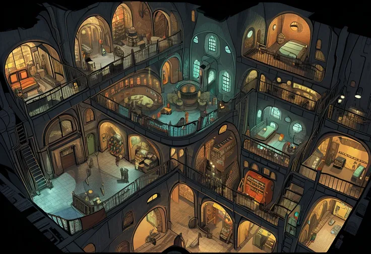 illustration of a snips of a building with a lot of rooms, Concept art inspired by Anton Peake,  pixib,   conceptual art  ,  Point-and-click adventure game ,  giant cavernous iron city , Underground City,  concept art highly detailed , snips, Inside the ga...