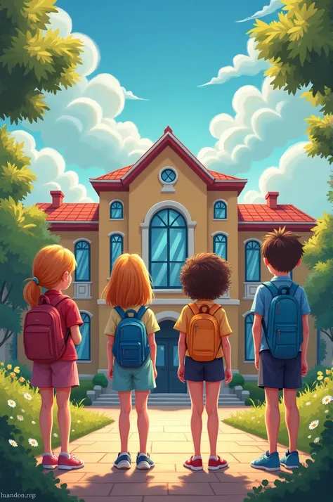  Draw a school and in front of the school ,  two young girls and two young boys with faces facing the school. Let the photo be in bold . Let it be like a book cover .