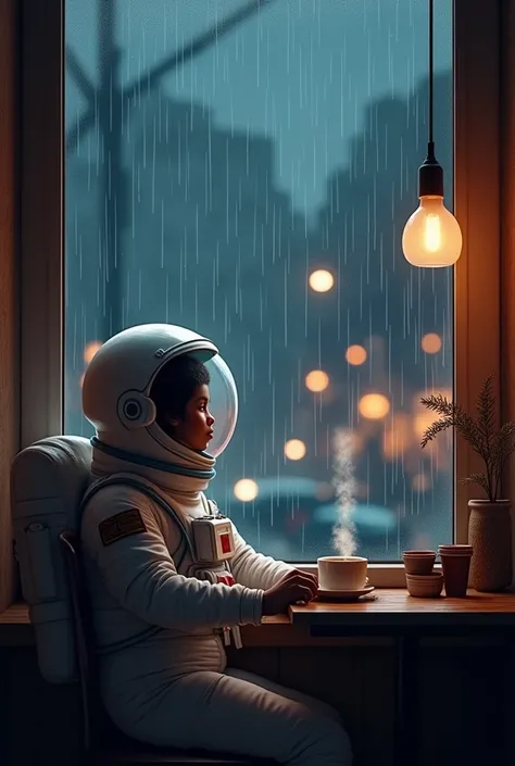 Astronaut sit beside the window in the coffee shop looking to the night outside rainy 

